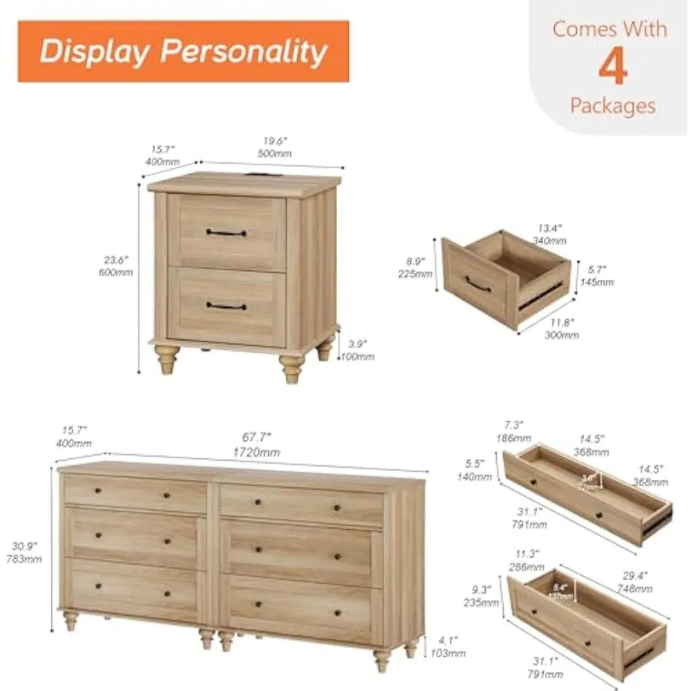 4 Piece Bedroom Set,  2 Wooden Dressers,  2 Bedside Table