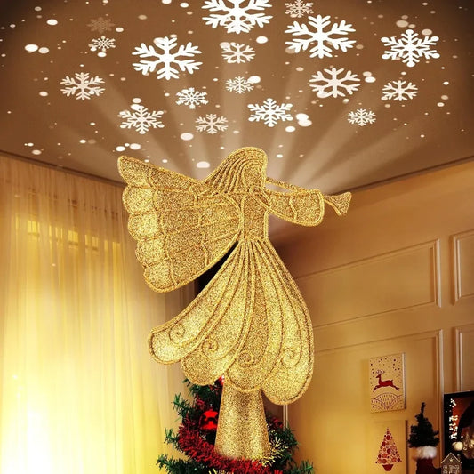 Christmas Angel Tree Topper with Builtin LED Snowflake Projector Lights Hollowed Pentagram Tree Top with Gold Spangles Plated