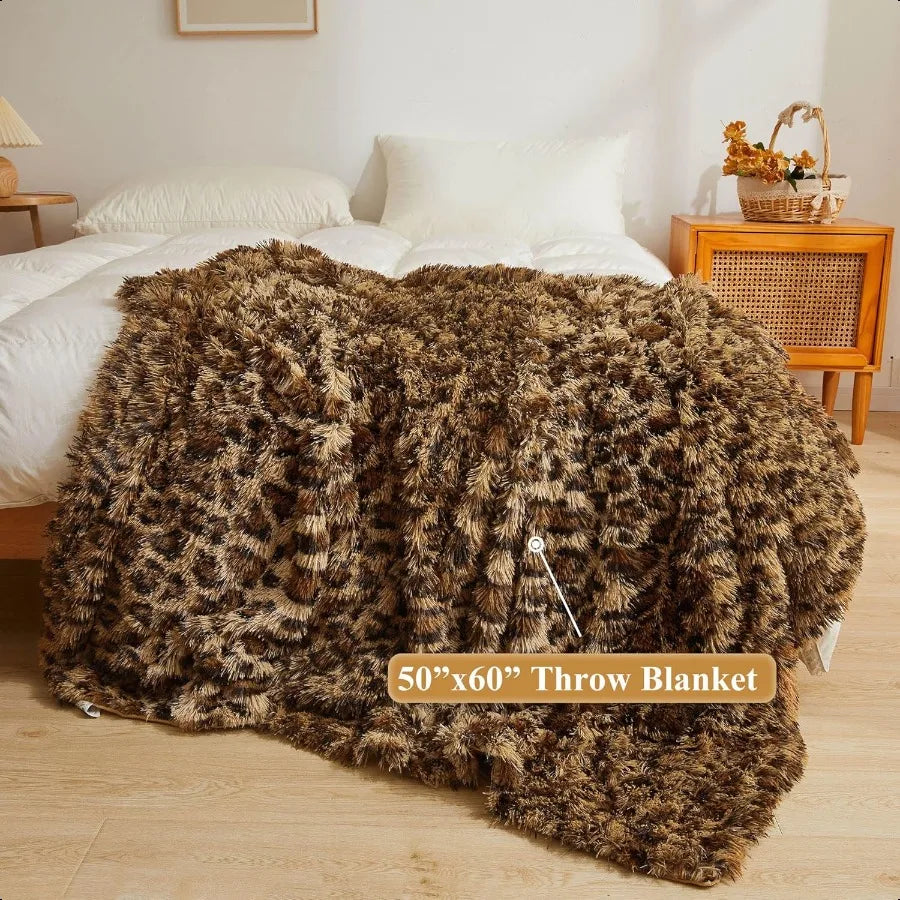 Luxury Faux Fur Leopard Print Throw Soft 50x60 Cheetah Print Fluffy Blanket Shaggy Plush Decorative