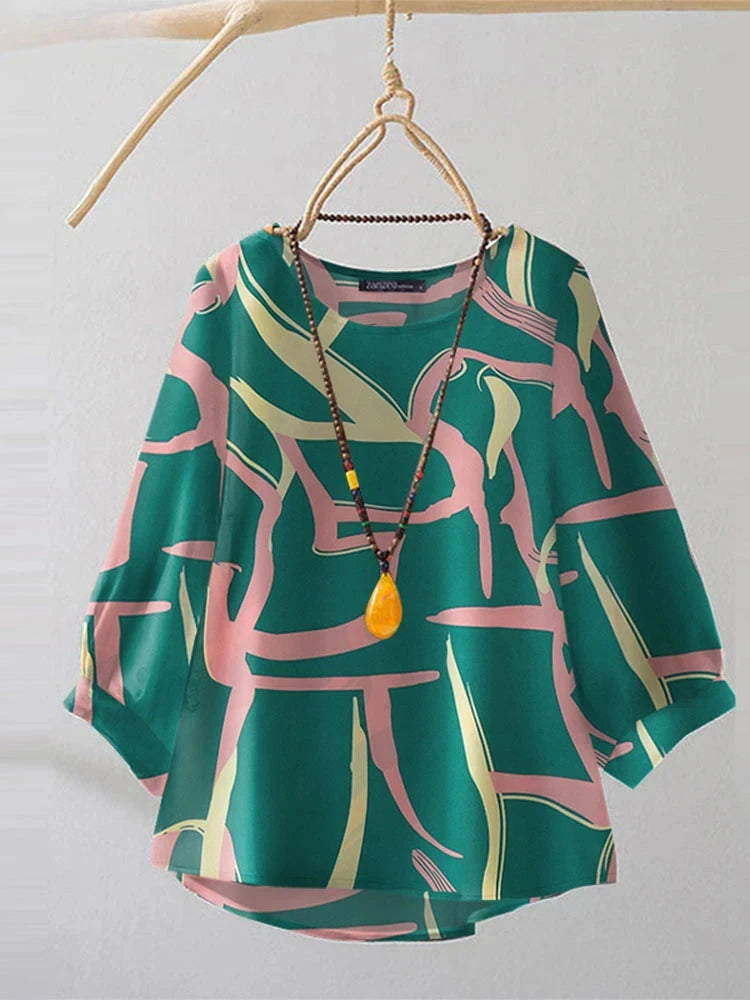 Vintage Line Printed Blouse Fashion 3/4 Sleeve Tunics Holiday Autumn Tops Casual Women Office Lady