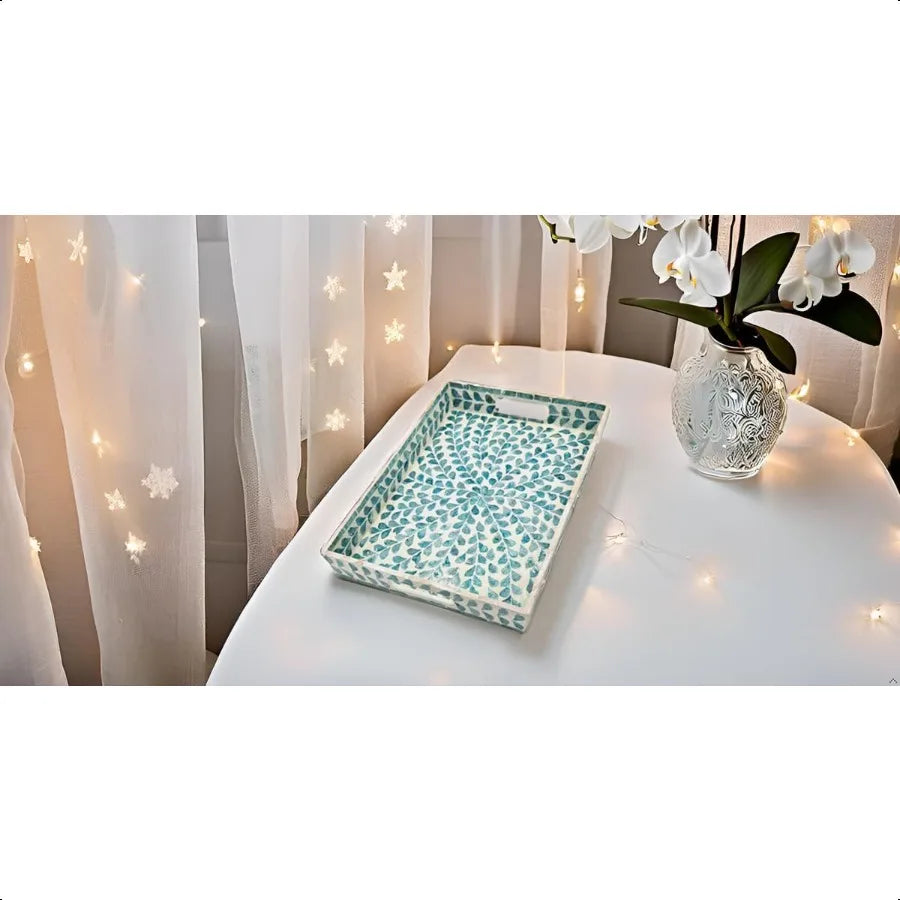 Rectangular Mother of Pearl Serving Tray Nacre Wood Lap Ottoman Tray for Coffee Table Luxury Decorative Handmade