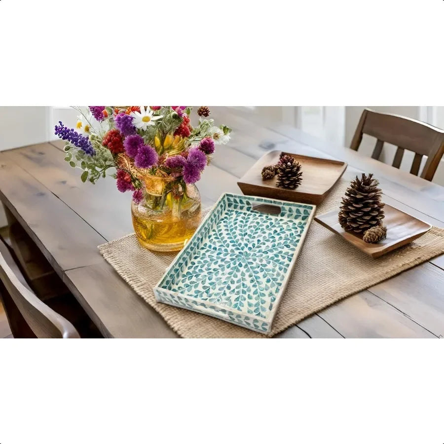 Rectangular Mother of Pearl Serving Tray Nacre Wood Lap Ottoman Tray for Coffee Table Luxury Decorative Handmade