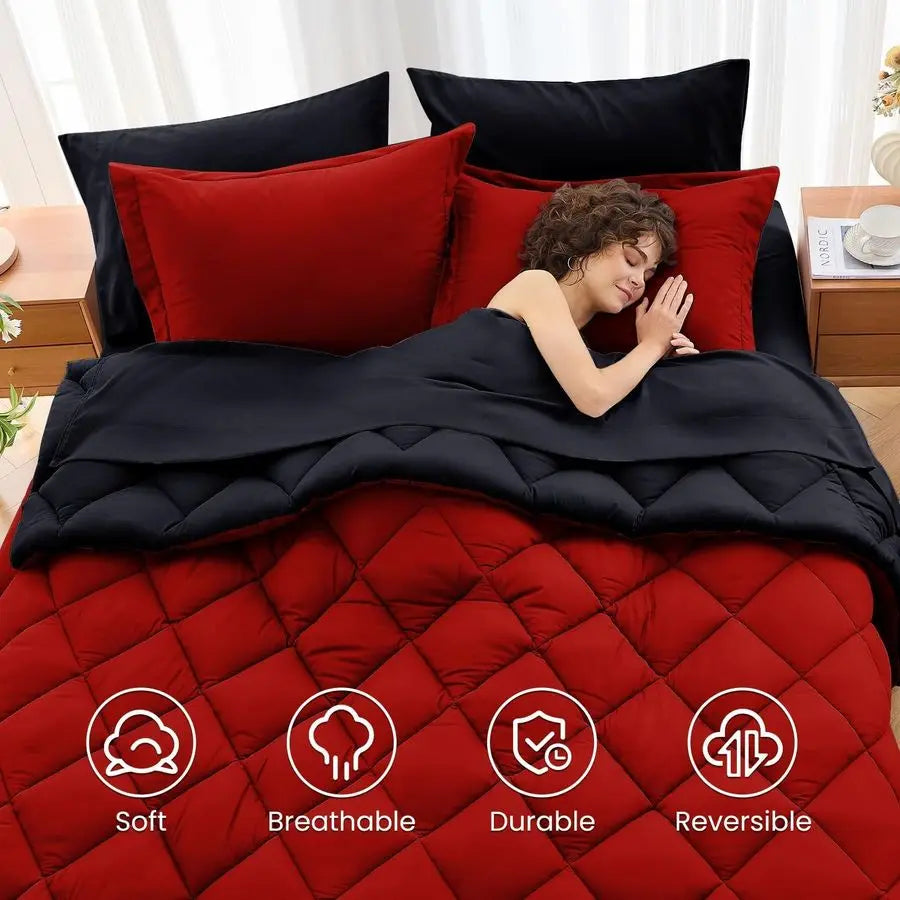 7 Pieces Queen Comforter Set, Reversible Bed in a Bag Queen Size, All Season Bedding Set with Comforter, Flat Sheet, Fitted Shee