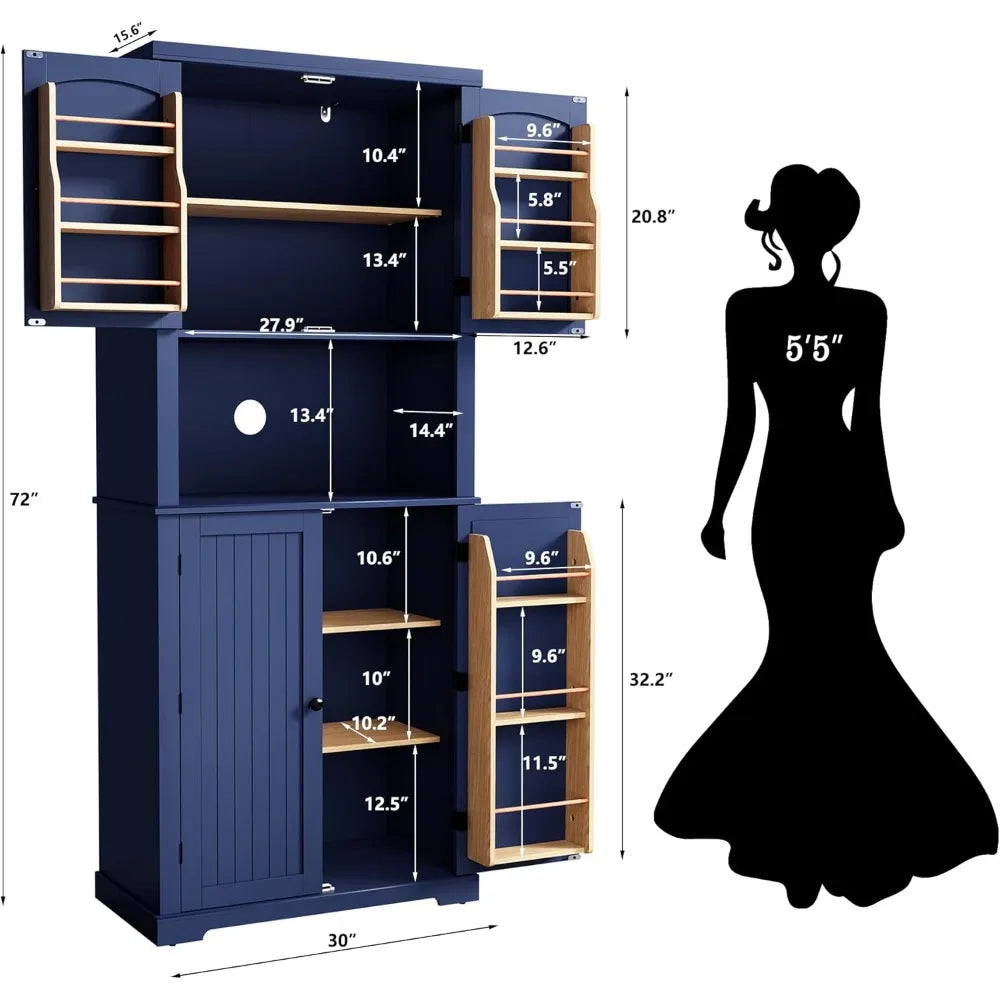 72" Kitchen Pantry Storage Cabinet, with Microwave Stand,Utility Pantry with Doors and Shelves, Freestanding Larder Cupboard