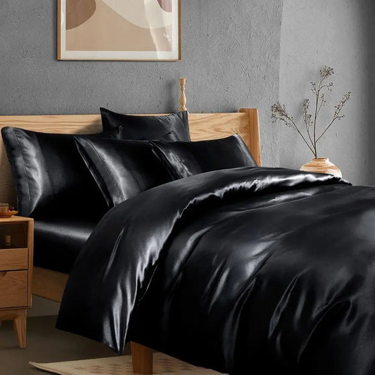6Pcs Black Satin Duvet Cover Set Queen Size with Satin Fitted Sheet Not Comforter, Silky Comforter Cover Set Queen Duvet Covers