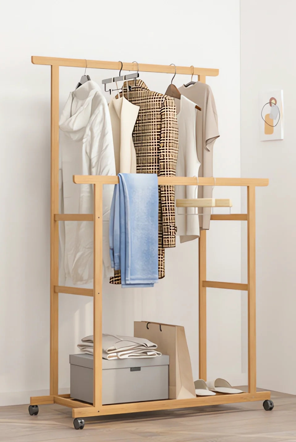 Bamboo Clothes Rail Rack Double Hanging Rails Clothes Rack on Wheels