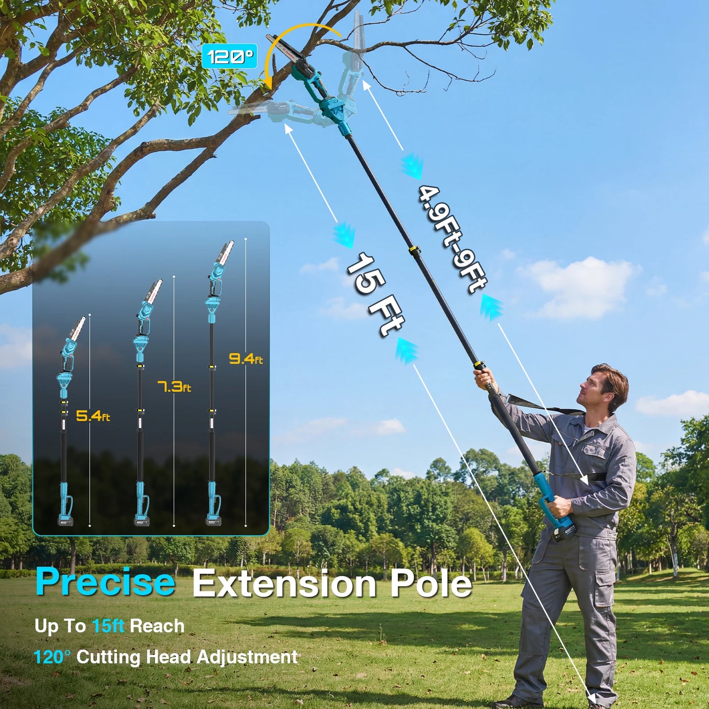 TaskStar 2-in-1 Electric Pole Saw 8" Cordless Chainsaw&Telescopic Pole 15Ft Max Reach High Branch Pruning Tool 2 4.0Ah Batteries