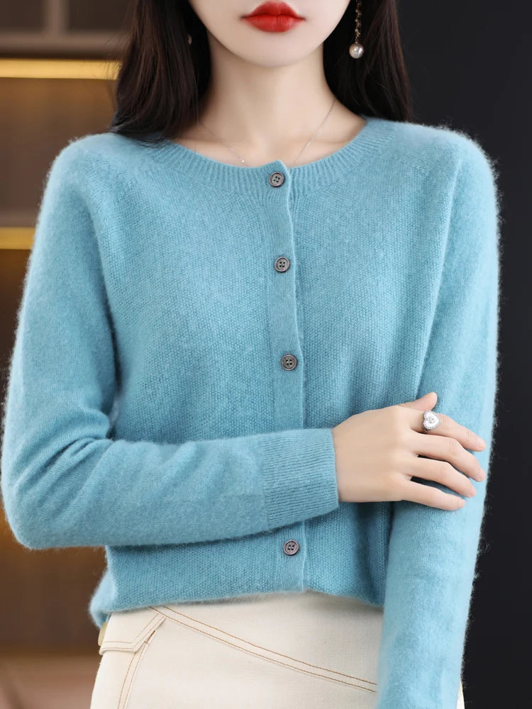 Long Sleeve 100% Merino Wool Sweaters Cashmere Cardigan Spring Autumn Women O-Neck Knitwear