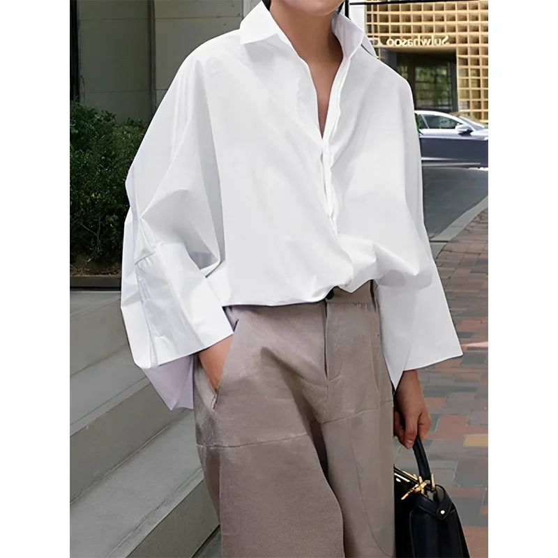 Solid Color Blouses for Women Loose Lapel Collar Long Sleeves Shirt Tops Urban Female Spring New Stylish T-shirt