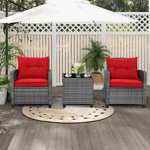 3 Pieces Patio Furniture Set Outdoor Furniture Rattan Wicker Chairs and Table Set, Washable Cushions Tempered Glass Coffee Table