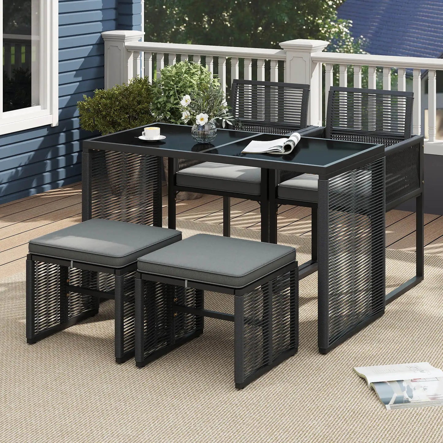 5 Pieces PE Wicker Patio Dining Set Outdoor Conversation Set with Cushions