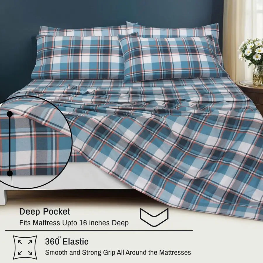Flannel Sheets Queen Size 6 Pcs 100 Cotton Double Brushed Bed Sheets, Deep Pockets 16 Inches Queen Sheet Set, All Seasons