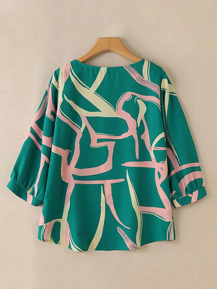 Vintage Line Printed Blouse Fashion 3/4 Sleeve Tunics Holiday Autumn Tops Casual Women Office Lady