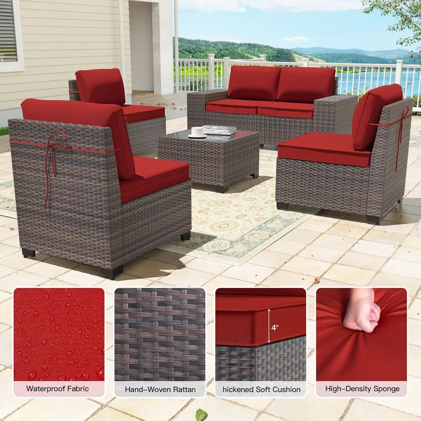 6 Pieces Patio Furniture Sets with Glass Tea Table,PE Rattan Wicker Patio Conversation Set with Washable, Customized