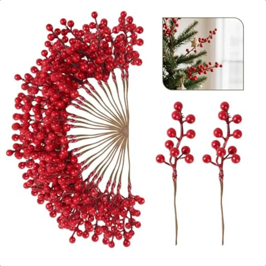 50pack Christmas Tree Decorations Artificial Berry Stems Red Berry Picks for Xmas Winter Party Holiday Flower Arrangements Home