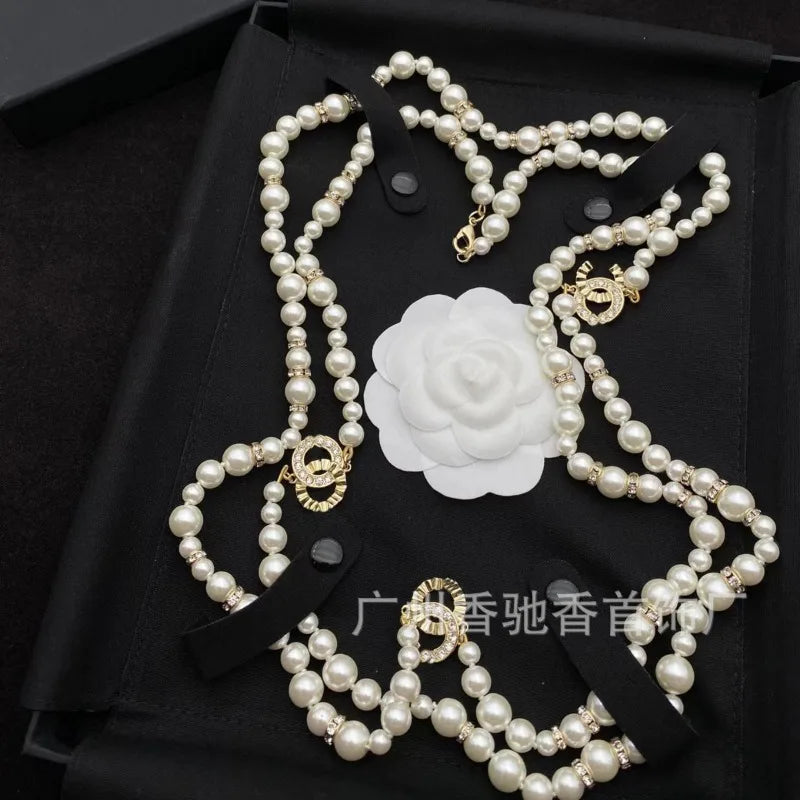 New Pearl Diamond Sweater Chain Temperament Versatile High Sense Double C Long Necklace Women