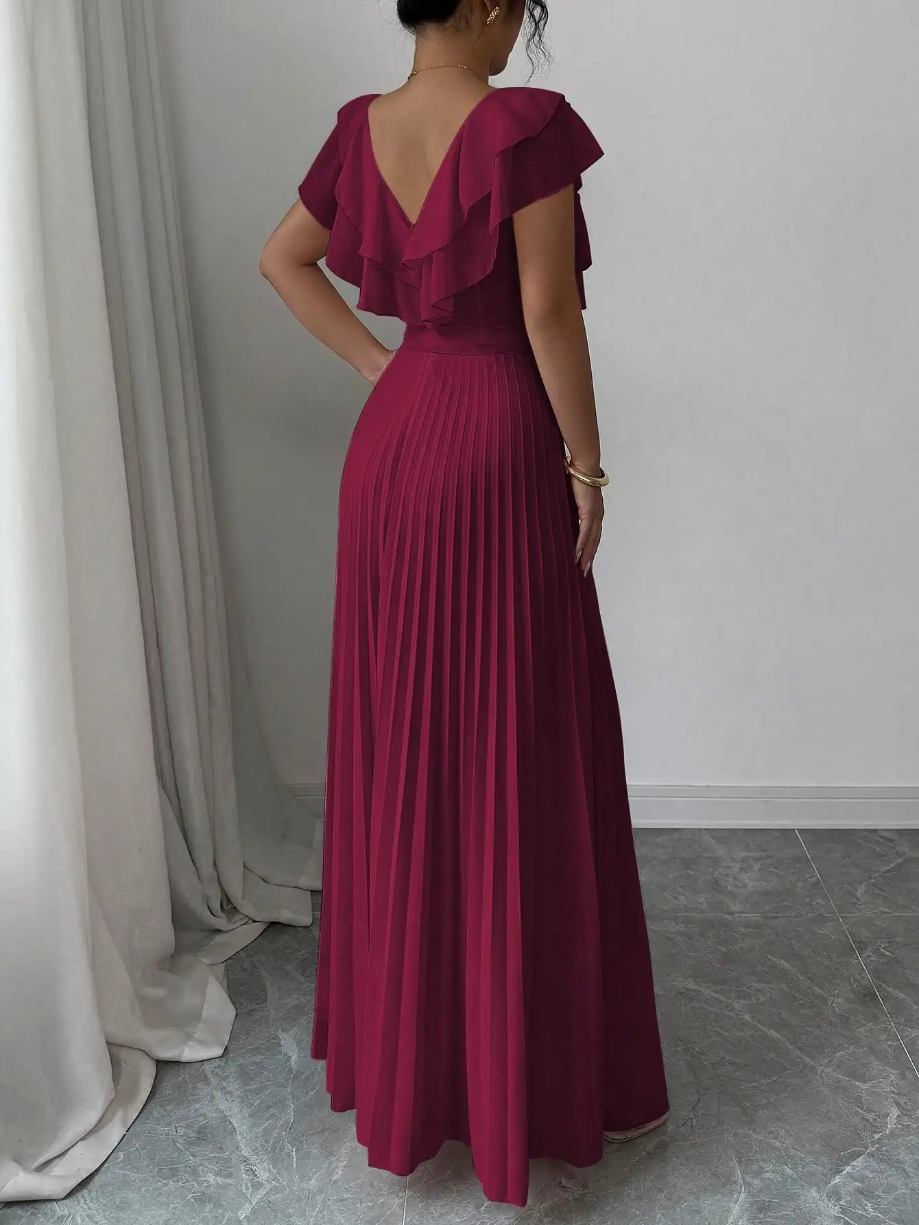 V-Neck Ruffle Sleeve Pleated A-Line Maxi Dress with Waist Tie