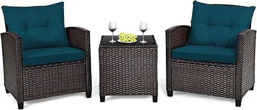 3 Pieces Patio Furniture Set Outdoor Furniture Rattan Wicker Chairs and Table Set, Washable Cushions Tempered Glass Coffee Table