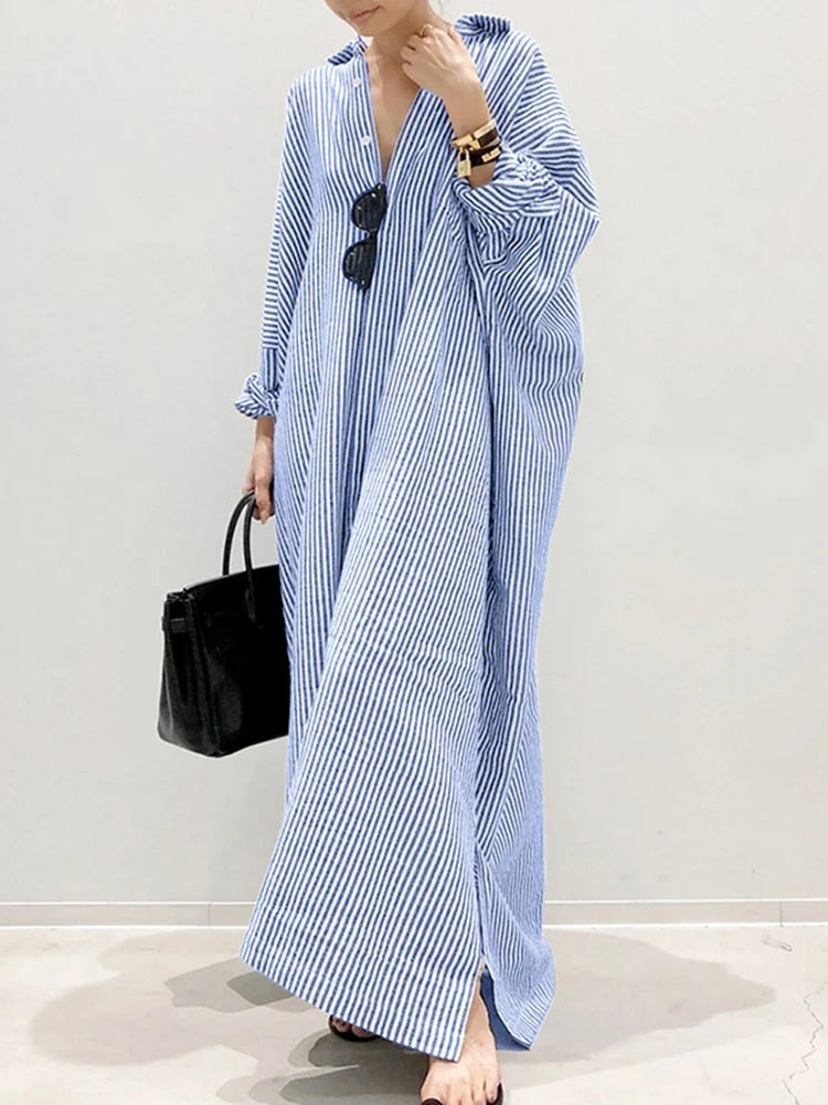 Stripe Printed Beach Party Sundress Spring Fall Bohemian Women Long Sleeve Lapel Dress Fashion Casual Loose Vestidos