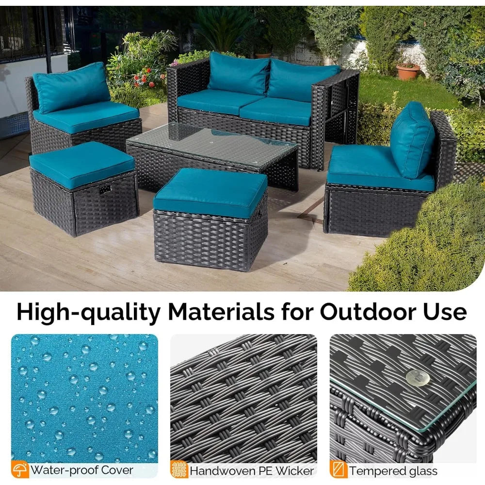 6 Pieces Wicker Patio Furniture Set, Outdoor Sectional Furniture Patio Conversation Set Space-Saving Design with Ottomans