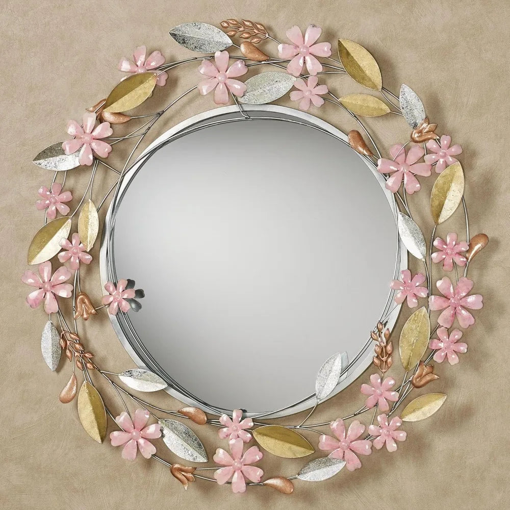 Wildflower Reflections Floral Round Wall Mirror Pink 33" Dia.x2 D