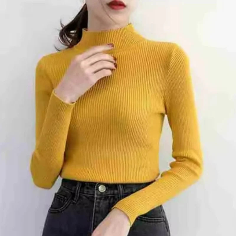 Autumn Winter Mock Neck Women Sweater Vintage Basic Solid Knitted Tops Casual Slim Pullover Sweaters