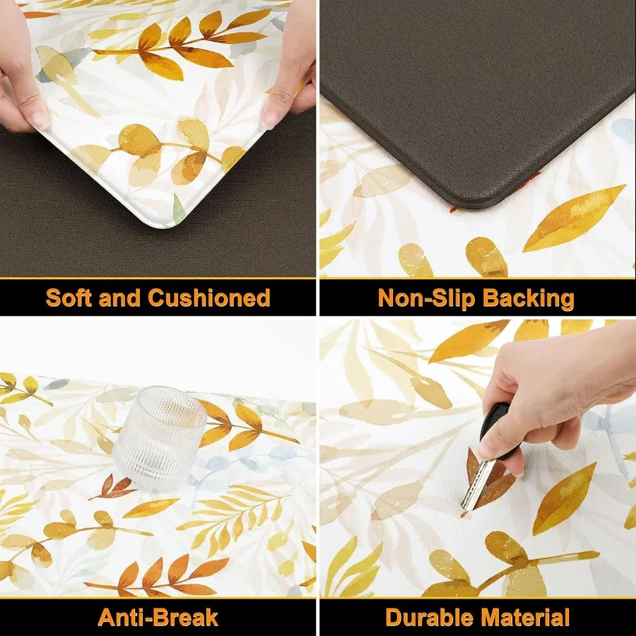 Fall Anti Fatigue Kitchen Mat 2 Pcs Autumn Yellow Orange Leaves Maple Leaf Non Slip Cushioned Kitchen Floor Mats Ergonomic