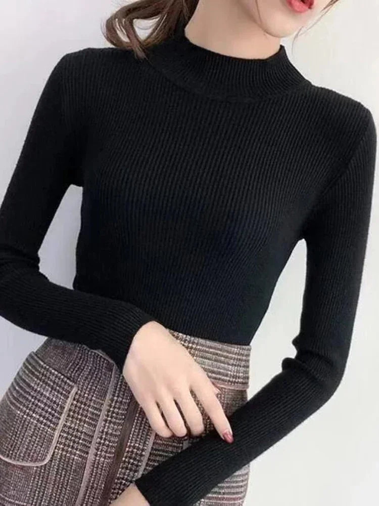 Autumn Winter Mock Neck Women Sweater Vintage Basic Solid Knitted Tops Casual Slim Pullover Sweaters
