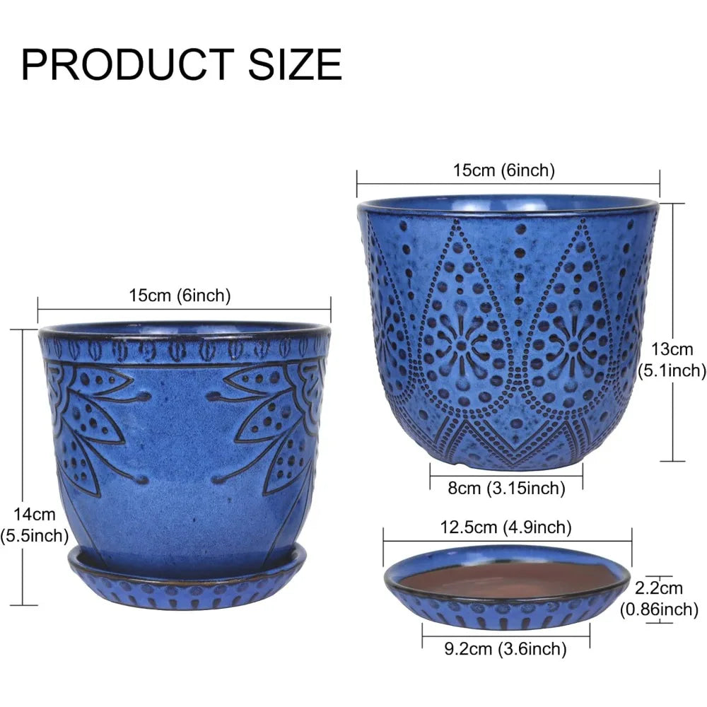 6 Inch Ceramic Planter Set of 2 with Drainage Hole and Saucer, Indoor-Outdoor Large Round Pot for Succulents Orchids (Blue)