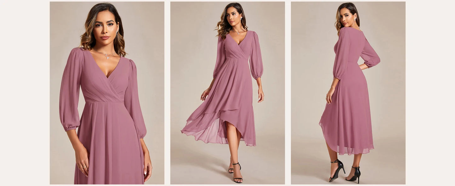 Ever-Pretty Women's Chiffon V Neck Long Sleeves Pleated A-Line Midi Length Wedding Guest Dress