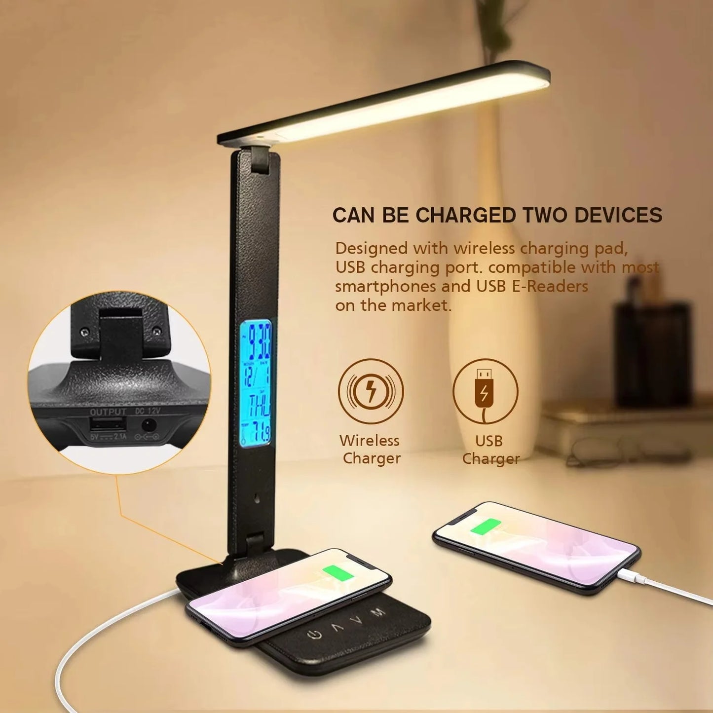 10W QI Wireless Charging LED Desk Lamp USB Charging Port Sliding Dimmable Auto Timer with Night Light Table Lamp