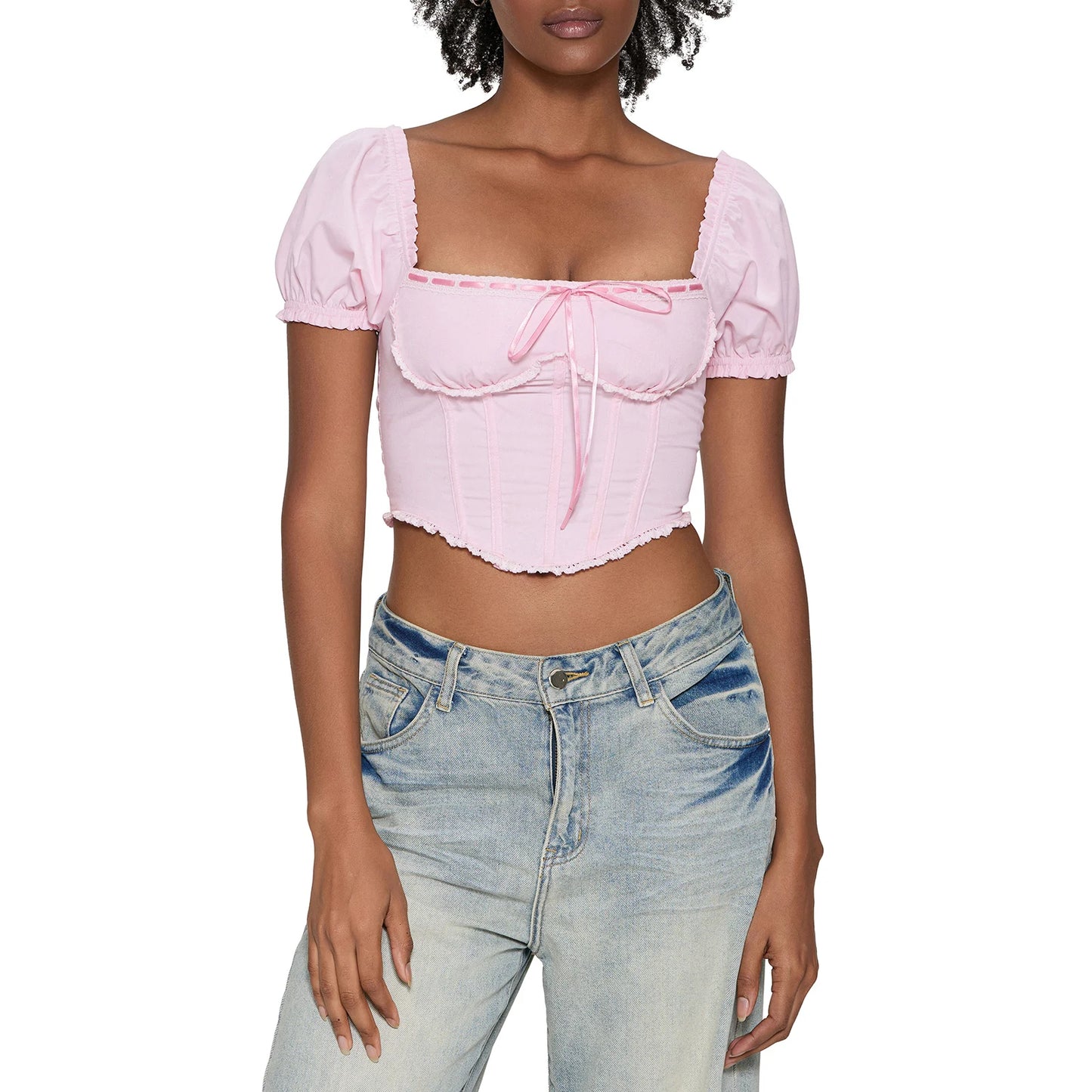 Women T-shirt Square Neck Short Sleeve Backless Tie-up