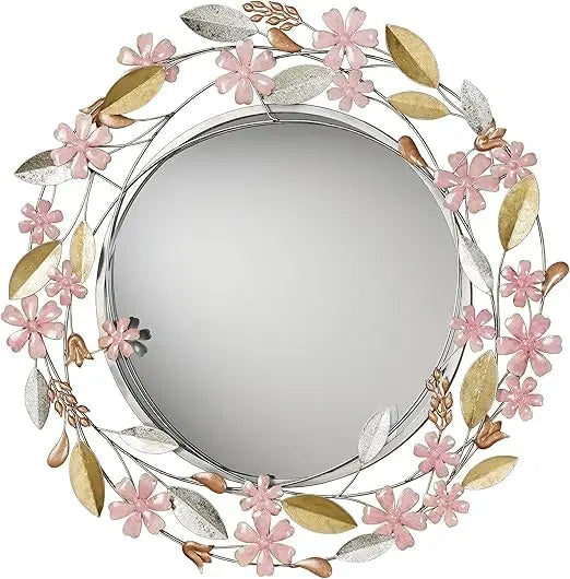 Wildflower Reflections Floral Round Wall Mirror Pink 33" Dia.x2 D