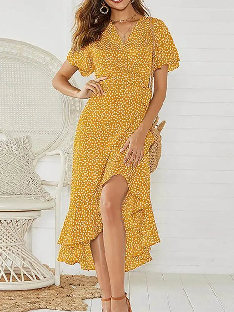 Maxi Dress Women Floral Print Boho Long Chiffon Dress Wrap Sexy Party Dress