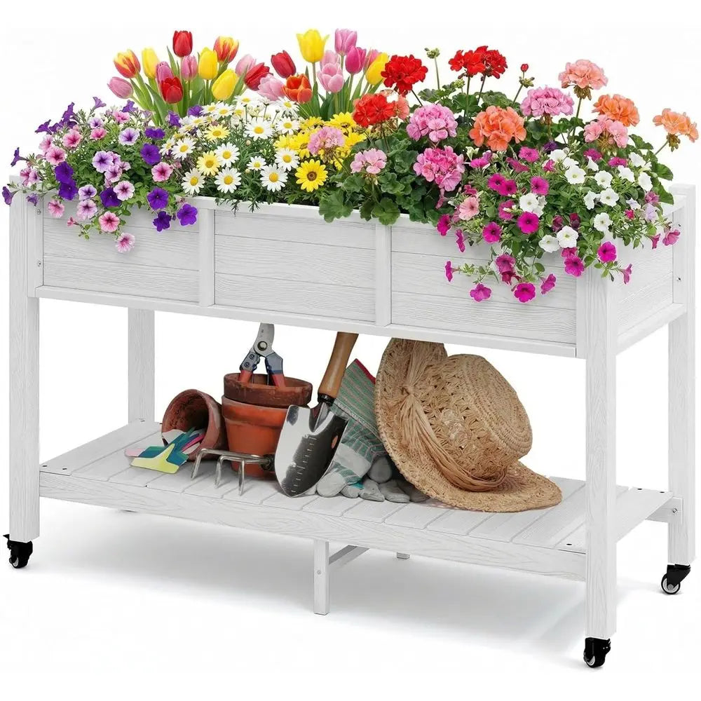 47x18x3in Raised Garden Bed HDPE Outdoor with Legs and Lockable Wheels, Weather-Resistant Poly-Wood Elevated Planter Box,
