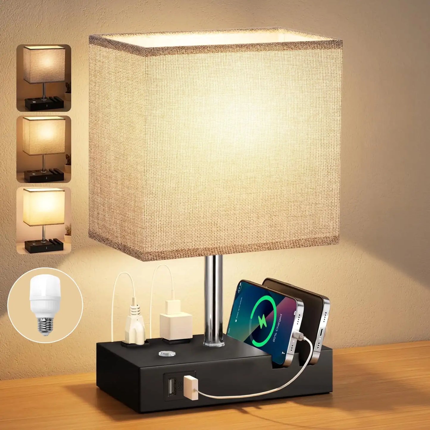15.7" Bedside Table Lamp for Bedroom, Dual Fast USB Charging Ports, Fully Dimmable Nightstand Lamps