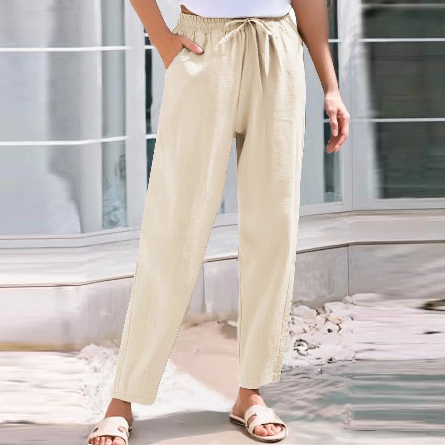 Women Cropped Pants Cotton Linen Baggy Trousers
