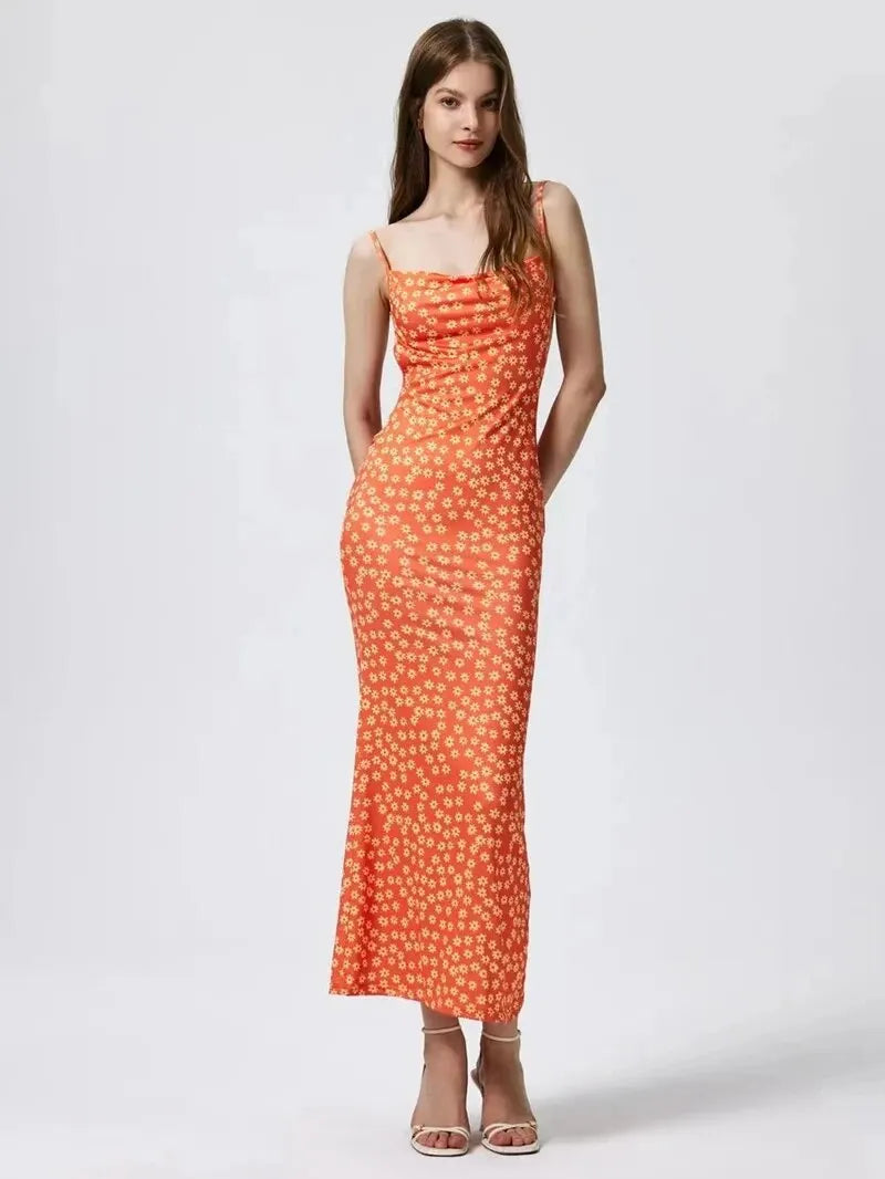 Long Floral Suspender Dress  Sexy Backless Slimming Beach Dress