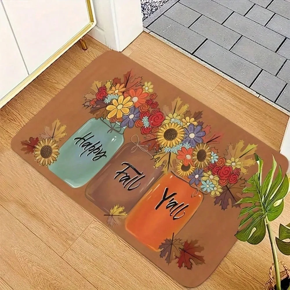 1pc "Happy Fall Y'all" autumn flowers leaves pattern rubber floor mat water-absorbent non-slip bathroom kitchen Autumn decor