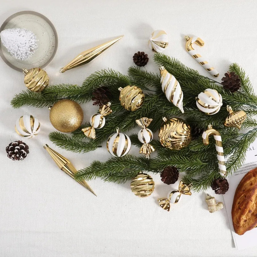 24 PCS Shatterproof Christmas Ball Ornaments Set with Painted Shaped Styles for Holiday Decor Gold Christmas Tree