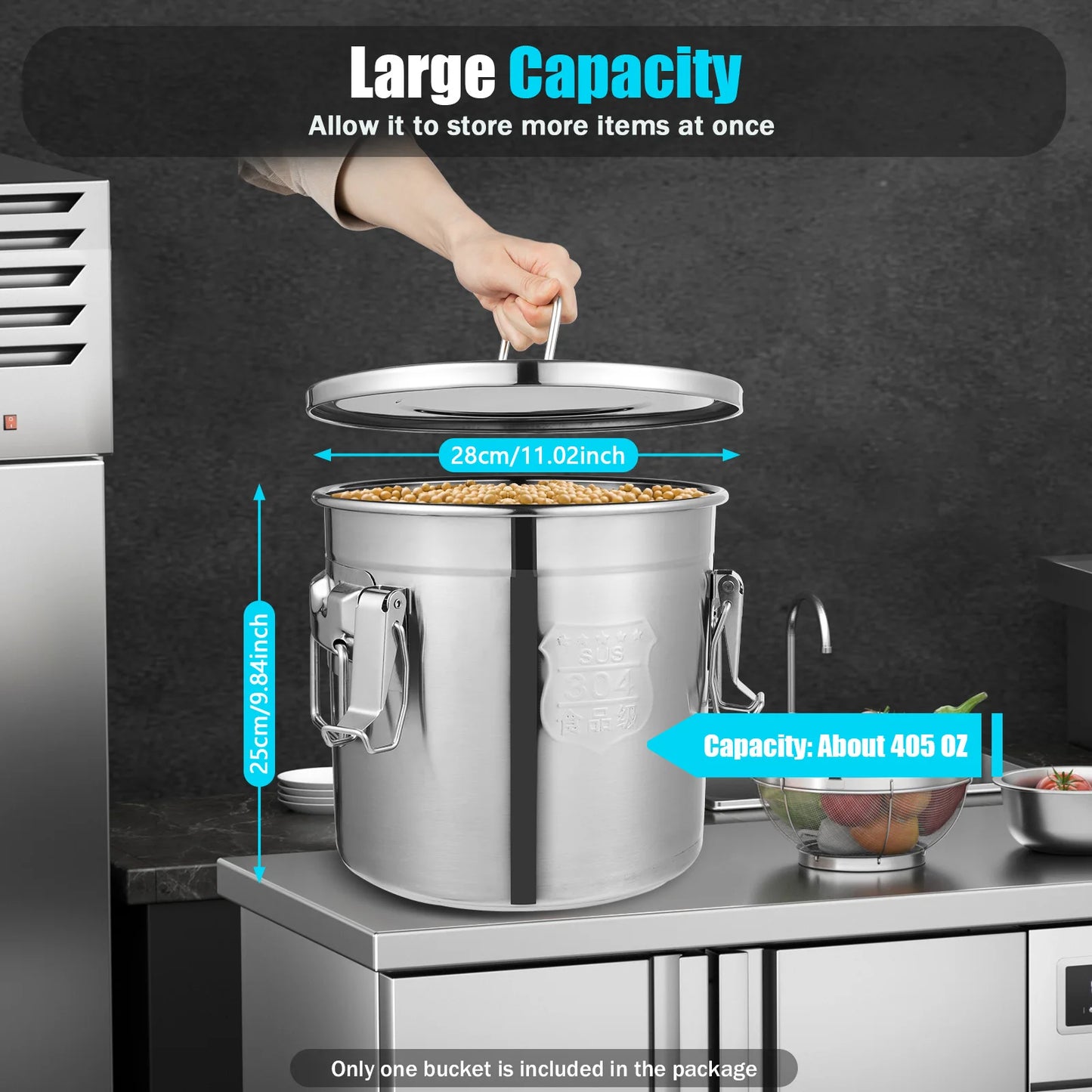 12L 304 Stainless Steel Cereal Container Metal Kitchen Rice Oil Storage Bucket Airtight Durable, Corrosion Resistant