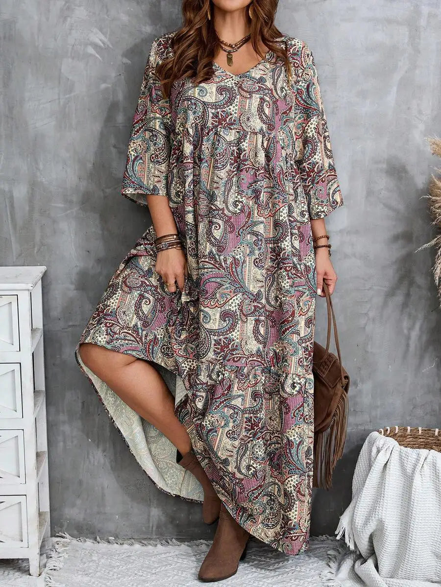Boho Print Maxi Dress with V-Neck and 3/4 Sleeves, Loose Fit for Casual or Vacation Wear