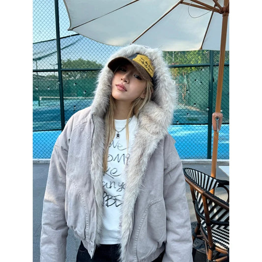 American Retro Fur Collar Hooded Jacket Women Streetwear Winter New Velvet Thickened Warm Loose Casual Jacket