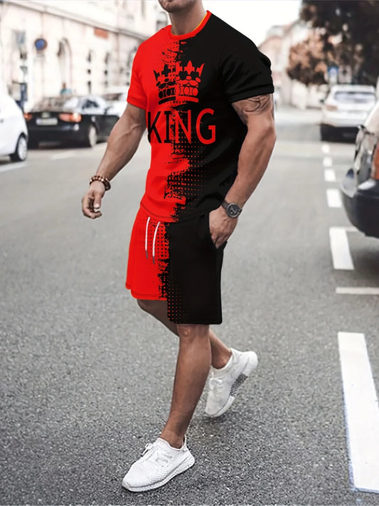 Men's trendy round neck short-sleeved shorts two-piece suit,