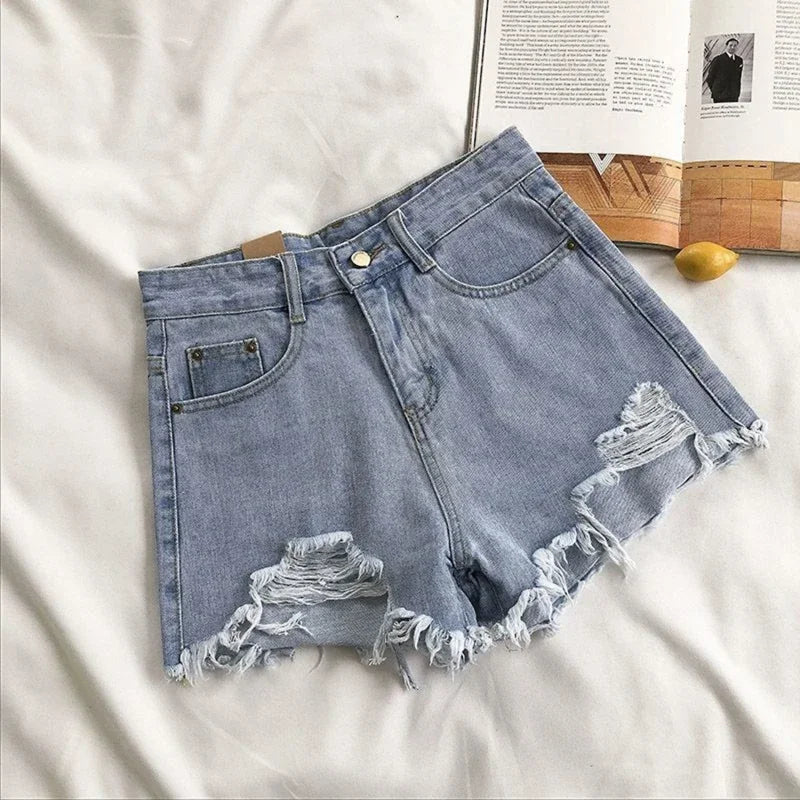 Korean Denim Holes Shorts For Women  Fashion High WaistWide Leg Short Jeans