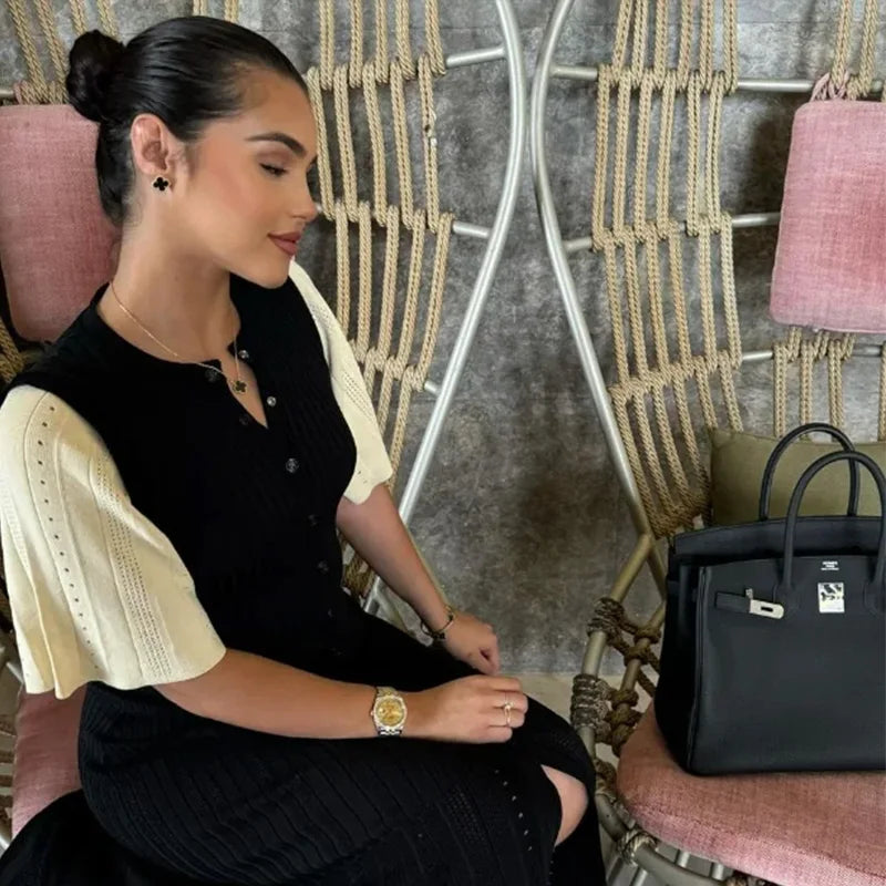 Elegant Knitted Dress Women Solid Single Breasted O Neck Short Sleeve High Waist Hip Package Dresses