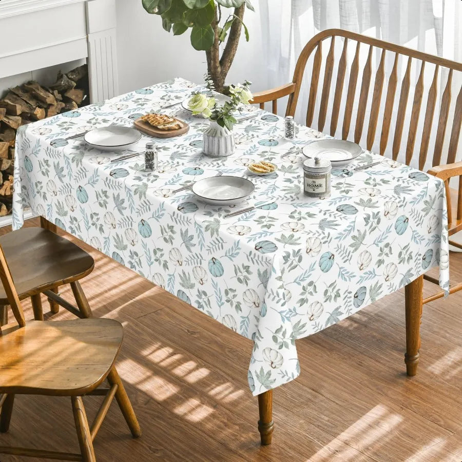 Fall Tablecloth 60x120 Inch Rectangular Thanksgiving Autumn Harvest Blue Pumpkins and Leaves Table Cover for Party Picnic Dinne