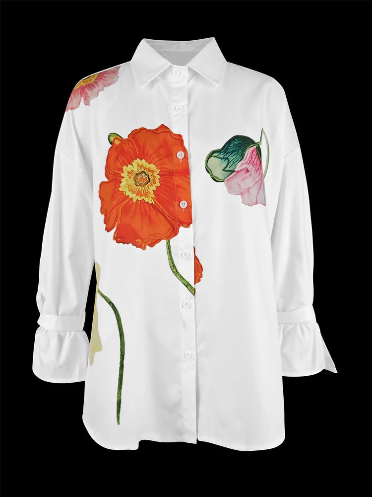 Korean Fashion Floral Printed Lapel Blouse  2025 New Autumn Flared Sleeves Buttoned Urban Casual