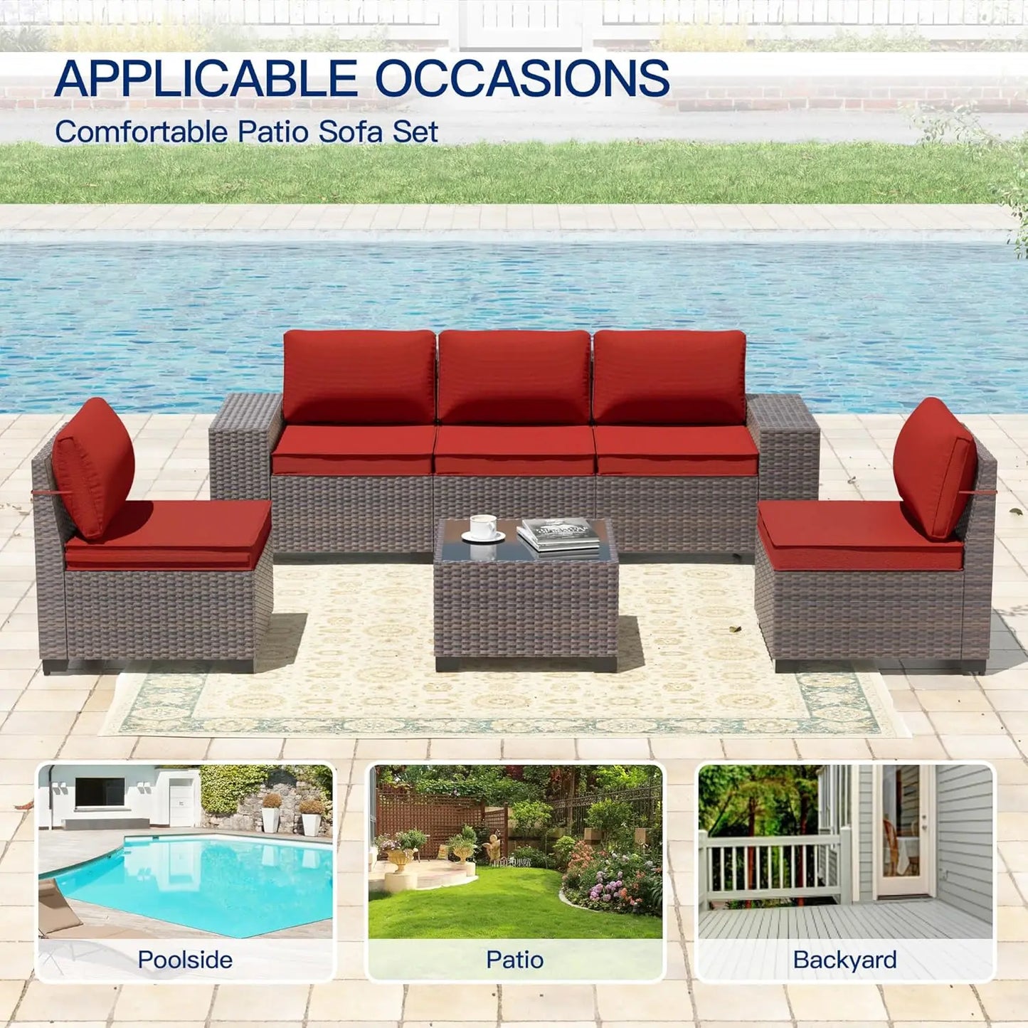 6 Pieces Patio Furniture Sets with Glass Tea Table,PE Rattan Wicker Patio Conversation Set with Washable, Customized