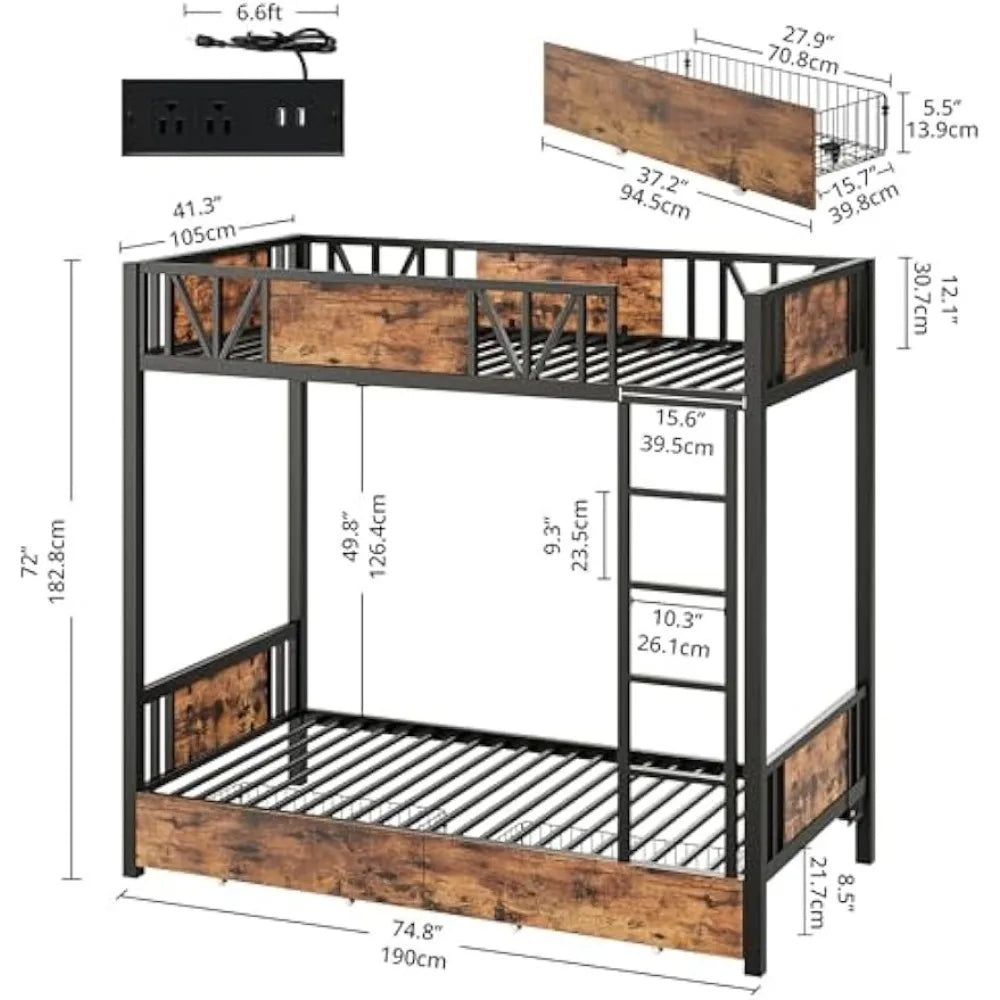 Bunk Bed  with Power Outlet and Drawers,